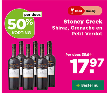 Stoney Creek Shiraz, Grenache en Petit Verdot | Rood Kruidig | per doos 50% korting | Per doos van 35.94 voor 17.97 | Bestel nu