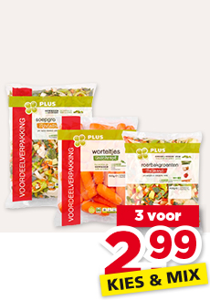 PLUS KIES & MIX GESCHRAPTE WORTELTJES, GESNEDEN BIET MET UI, ITALIAANSE ROERBAKGROENTEN OF SOEPGROENTEN