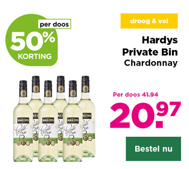 Hardys Private Bin Chardonnay | droog & vol | per doos 50% korting | Per doos van 41.94 voor 20.97 | Bestel nu