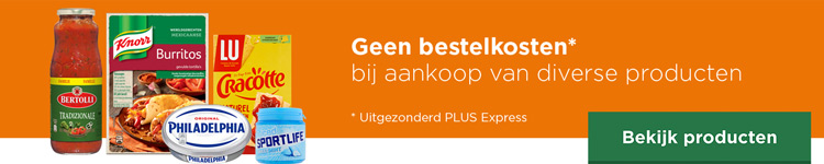 Geen bestelkosten bij aankoop van diverse producten | Uitgezonderd PLUS Express | Bekijk producten