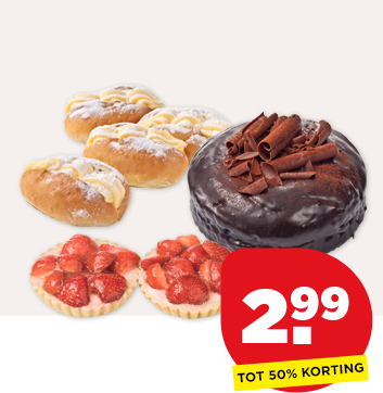 PLUS CHOCOLADETAARTJE, AARDBEIENVLAAITJES OF PUDDINGBROODJES