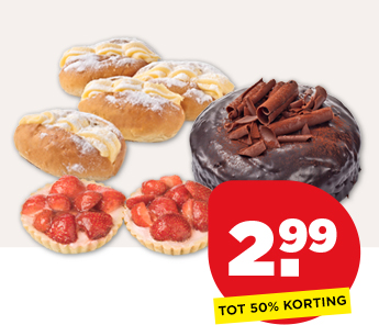 PLUS CHOCOLADETAARTJE, AARDBEIENVLAAITJES OF PUDDINGBROODJES