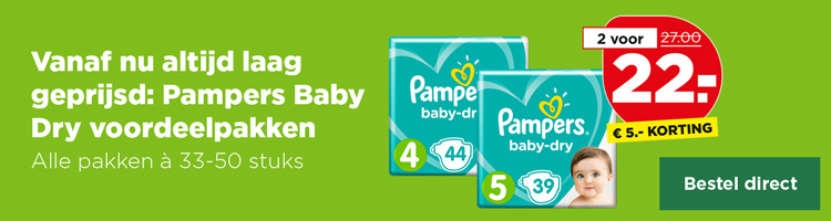 Vanaf nu altijd laag geprijsd: Pampers Baby Dry voordeelpakken | Alle pakken à 33-50 stuks | 2 voor, van 27.00 voor 22.- | € 5.- KORTING | Bestel direct