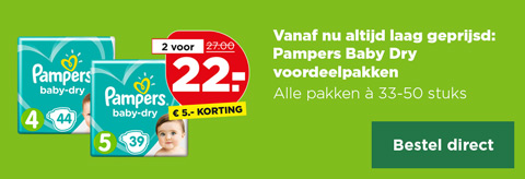 Vanaf nu altijd laag geprijsd: Pampers Baby Dry voordeelpakken | Alle pakken à 33-50 stuks | 2 voor, van 27.00 voor 22.- | € 5.- KORTING | Bestel direct