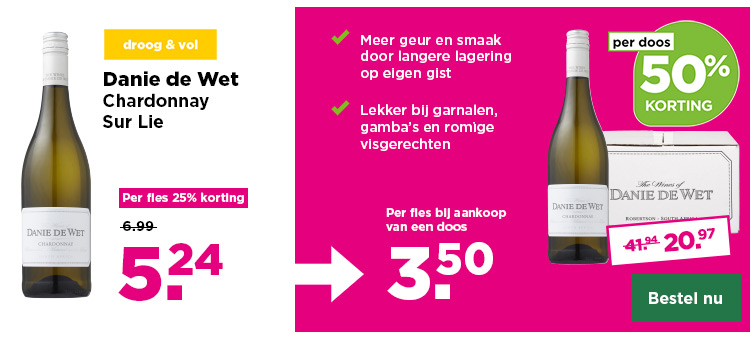 Danie de Wet | Chardonnay Sur Lie | droog & vol | Per fles 25% korting | Per fles bij aankoop van een doos 3.50 | per doos 50% korting | van 41.94 voor 20.97 | van 6.99 voor 5.24 | Bestel nu
