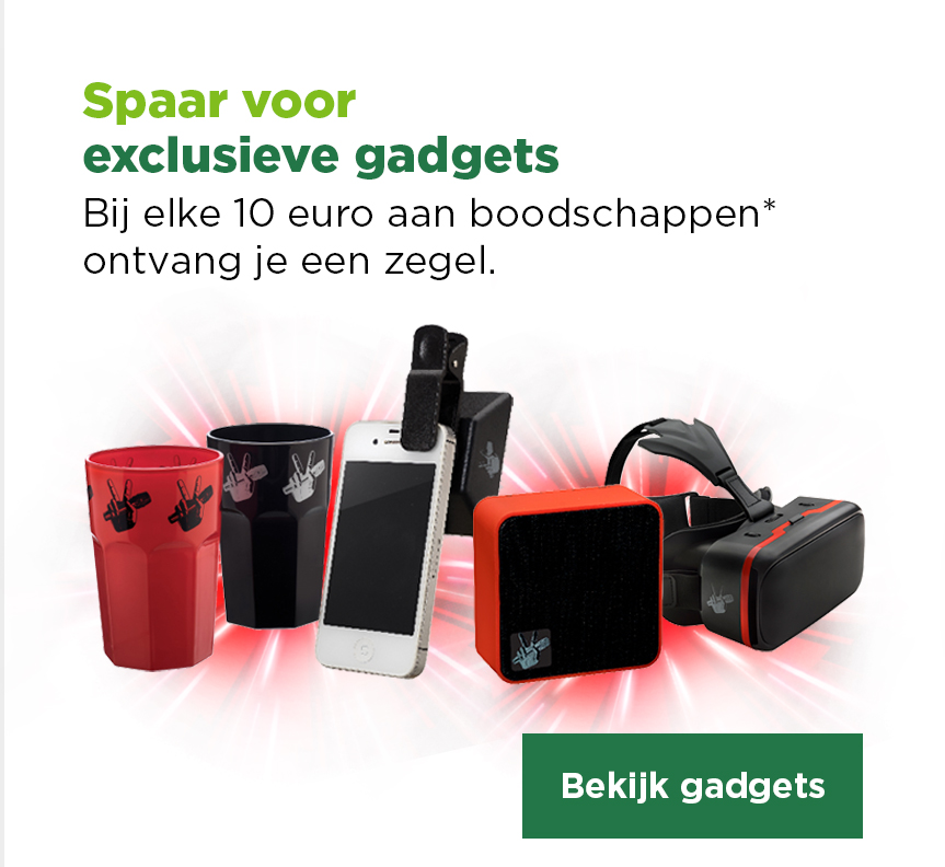 Spaar voor exclusieve gadgets | Bij elke 10 euro aan boodschappen* ontvang je een zegel. | Bekijk gadgets