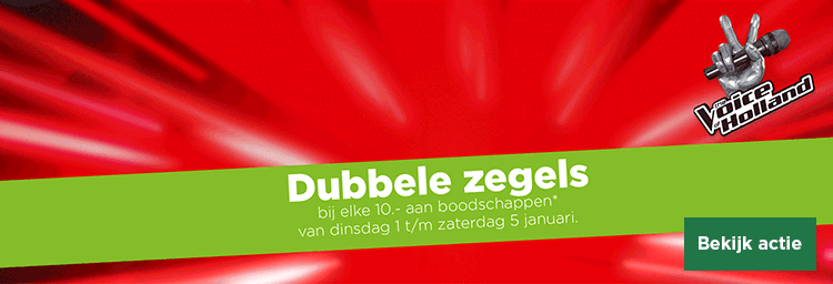 The Voice of Holland | Dubbele zegels bij elke 10.- aan boodschappen van dinsdag 1 t/m zaterdag 5 januari. | Bekijk actie