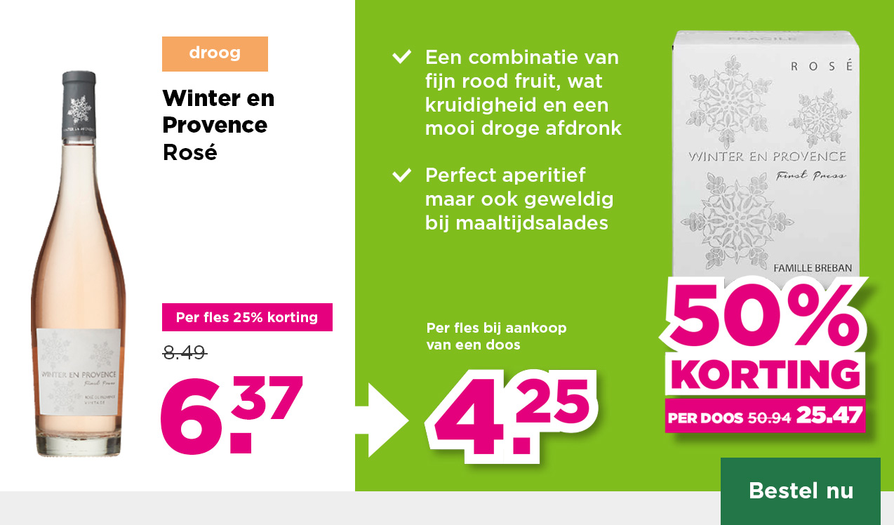Winter en Provence | Rosé | droog | Per fles 25% korting | van 8.49 voor 6.37 | Per fles bij aankoop van een doos 4.25 | per doos 50% korting | van 50.94 voor 25.47 | Bestel nu