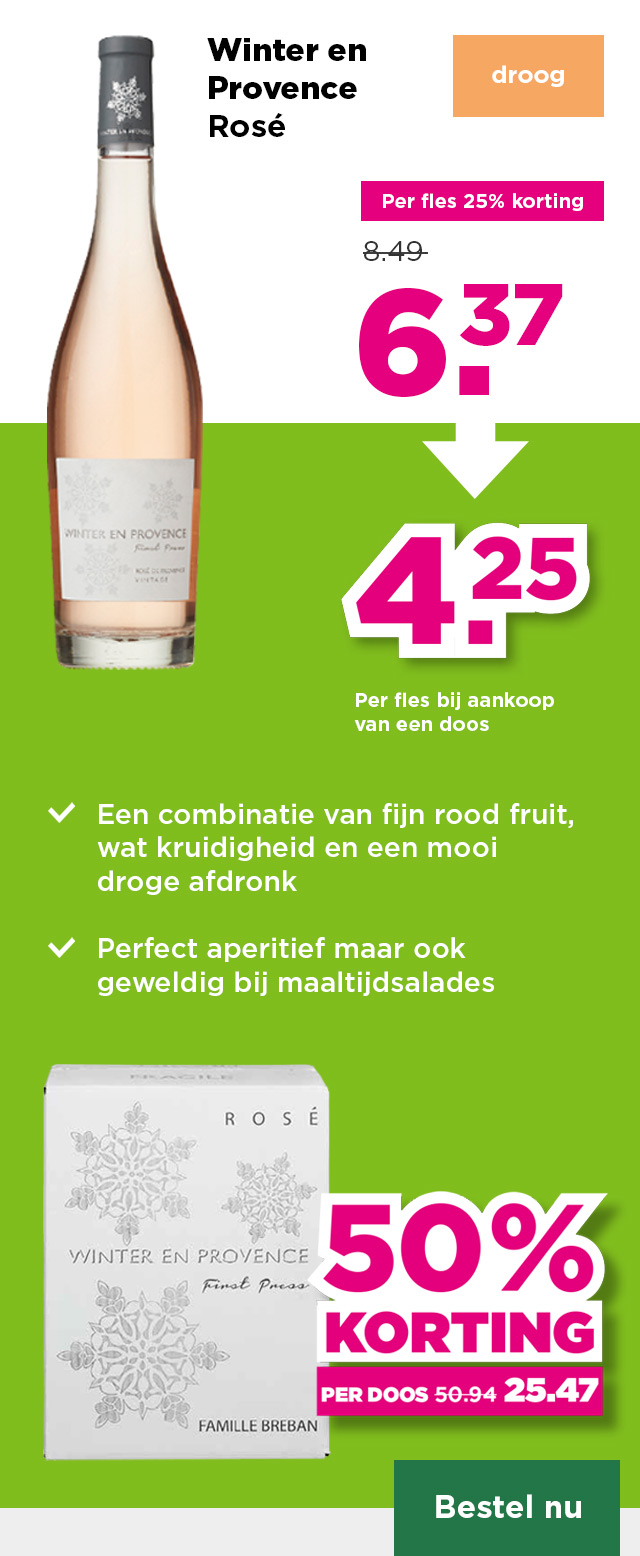 Winter en Provence | Rosé | droog | Per fles 25% korting | van 8.49 voor 6.37 | Per fles bij aankoop van een doos 4.25 | per doos 50% korting | van 50.94 voor 25.47 | Bestel nu