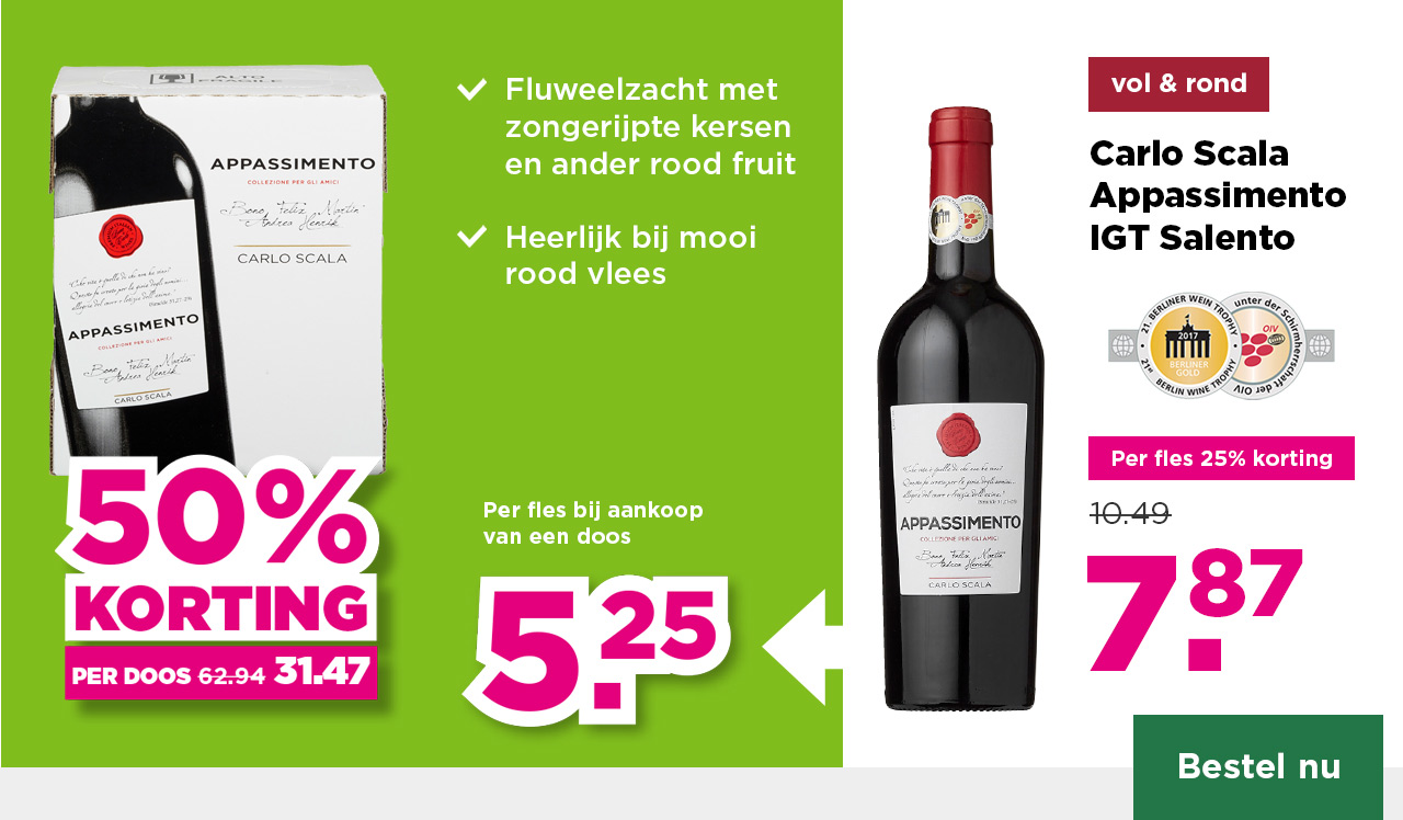 Carlo Scala Appassimento IGT Salento | vol & rond | Per fles 25% korting | van 10.49 voor 7.87 | Per fles bij aankoop van een doos 5.25 | per doos 50% korting | van 62.94 voor 31.47 | Bestel nu