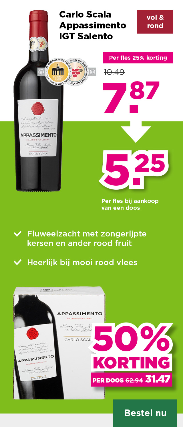 Carlo Scala Appassimento IGT Salento | vol & rond | Per fles 25% korting | van 10.49 voor 7.87 | Per fles bij aankoop van een doos 5.25 | per doos 50% korting | van 62.94 voor 31.47 | Bestel nu