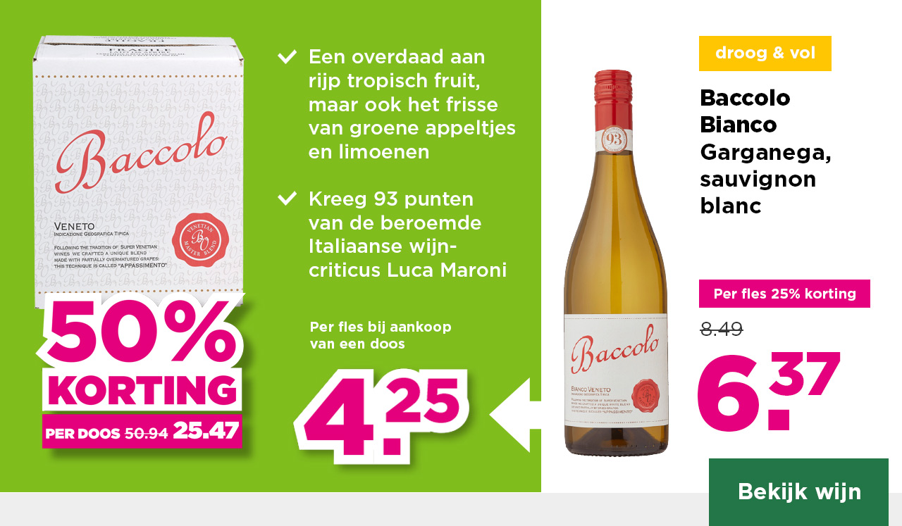 Baccolo Bianco | Garganega, sauvignon blanc | droog & vol | Per fles 25% korting | van 8.49 voor 6.37 | Per fles bij aankoop van een doos 4.25 | per doos 50% korting | van 50.94 voor 25.47 | Bekijk wijn