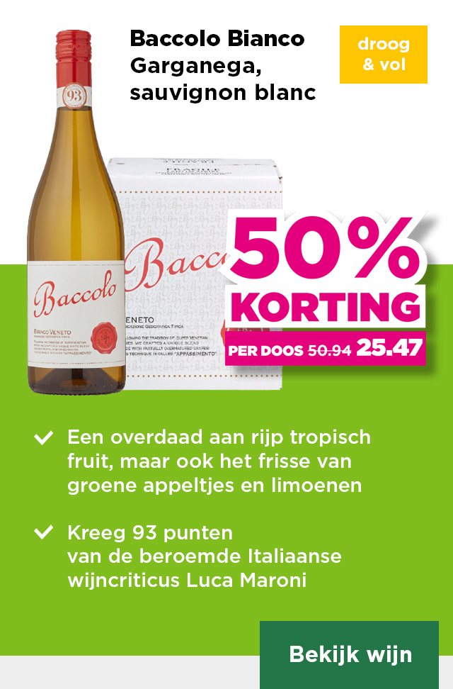 Baccolo Bianco | Garganega, sauvignon blanc | droog & vol | Per fles 25% korting | van 8.49 voor 6.37 | Per fles bij aankoop van een doos 4.25 | per doos 50% korting | van 50.94 voor 25.47 | Bekijk wijn