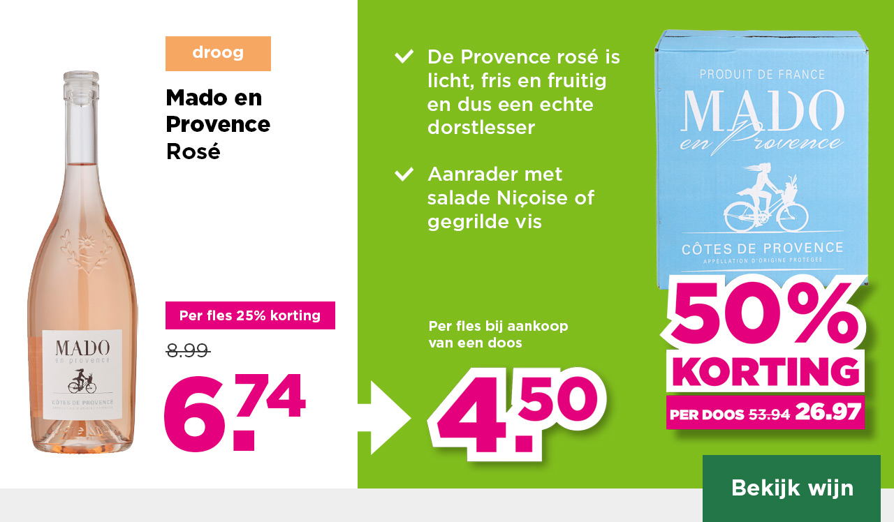 Mado en Provence | Rosé | droog | Per fles 25% korting | van 8.99 voor 6.74 | Per fles bij aankoop van een doos 4.50 | per doos 50% korting | van 53.94 voor 26.97 | Bekijk wijn