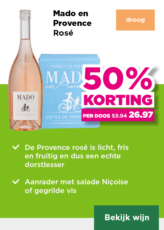 Mado en Provence | Rosé | droog | Per fles 25% korting | van 8.99 voor 6.74 | Per fles bij aankoop van een doos 4.50 | per doos 50% korting | van 53.94 voor 26.97 | Bekijk wijn