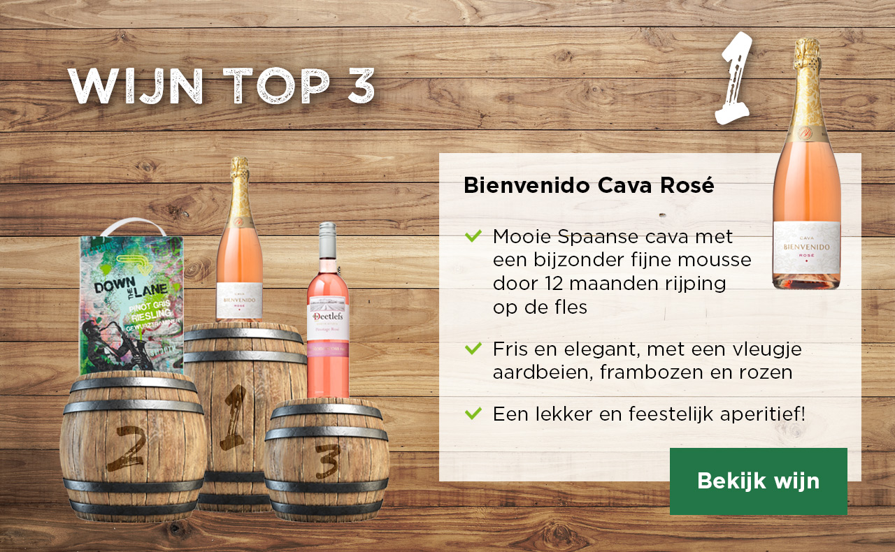 WIJN TOP 3 | 1 | Bienvenido Cava Rosé | ✔ Mooie Spaanse cava met een bijzonder fijne mousse door 12 maanden rijping op de fles ✔ Fris en elegant, met een vleugje aardbeien, frambozen en rozen ✔ Een lekker en feestelijk aperitief | Bekijk wijn