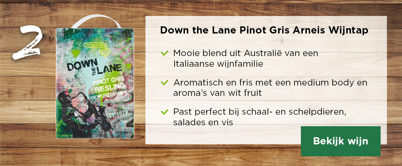 WIJN TOP 3 | 2 | Down the Lane Pinot Gris Arneis Wijntap | ✔ Mooie blend uit Australië van een Italiaanse wijnfamilie ✔ Aromatisch en fris met een medium body en aroma’s van wit fruit ✔ Past perfect bij schaal- en schelpdieren, salades en vis | Bekijk wijn
