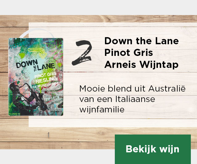 WIJN TOP 3 | 2 | Down the Lane Pinot Gris Arneis Wijntap | ✔ Mooie blend uit Australië van een Italiaanse wijnfamilie ✔ Aromatisch en fris met een medium body en aroma’s van wit fruit ✔ Past perfect bij schaal- en schelpdieren, salades en vis | Bekijk wijn