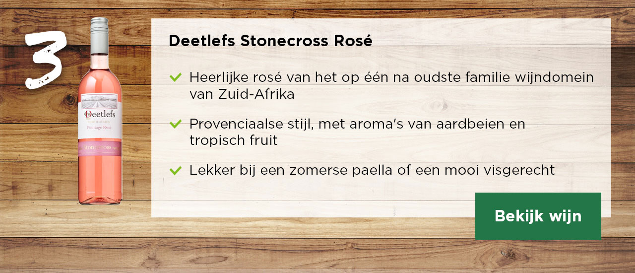 WIJN TOP 3 | 3 | Deetlefs Stonecross Rosé | ✔ Heerlijke rosé van het op één na oudste familie wijndomein van Zuid-Afrika ✔ Provenciaalse stijl, met aroma's van aardbeien en tropisch fruit ✔ Lekker bij een zomerse paella of een mooi visgerecht | Bekijk wijn