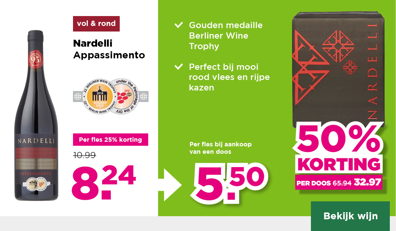 Nardelli | Appassimento | vol & rond | Per fles 25% korting | van 10.99 voor 8.24 | Per fles bij aankoop van een doos 5.50 | per doos 50% korting | van 65.94 voor 32.97 | Bekijk wijn
