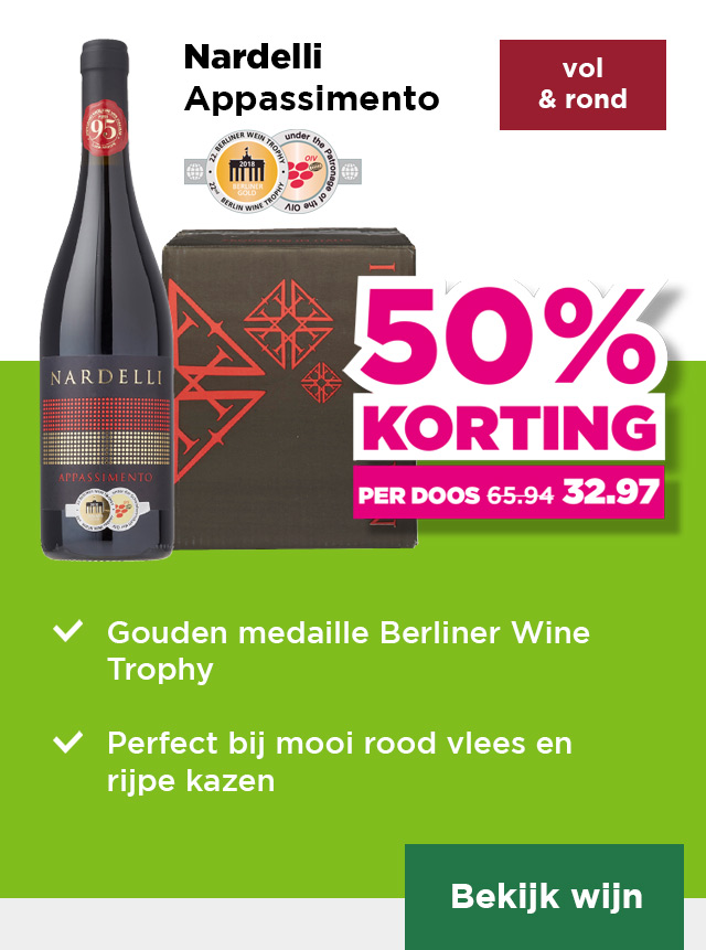 Nardelli | Appassimento | vol & rond | Per fles 25% korting | van 10.99 voor 8.24 | Per fles bij aankoop van een doos 5.50 | per doos 50% korting | van 65.94 voor 32.97 | Bekijk wijn