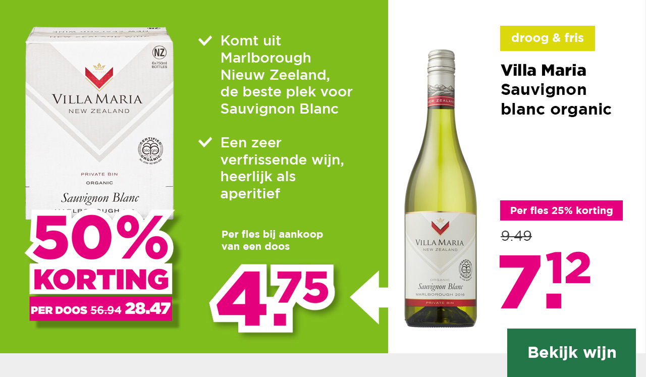 Villa Maria | Sauvignon blanc organic | droog & fris | Per fles 25% korting | van 9.49 voor 7.12 | Per fles bij aankoop van een doos 4.75 | per doos 50% korting | van 56.94 voor 28.47 | Bekijk wijn