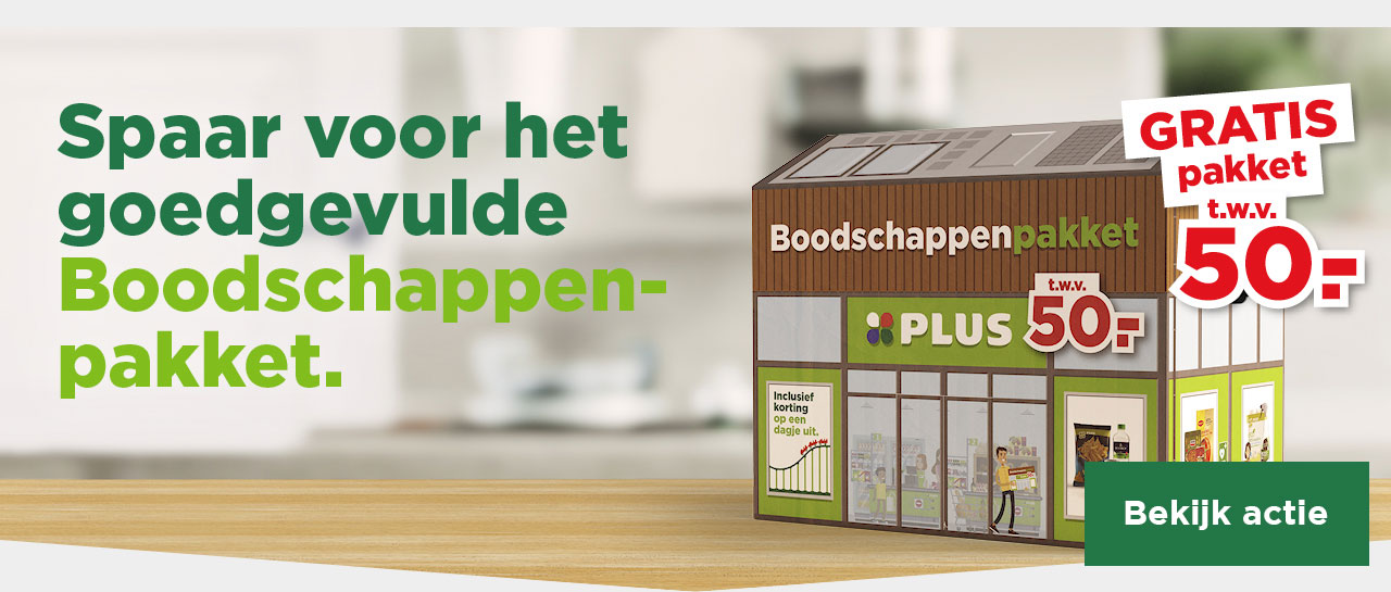Spaar voor het goedgevulde Boodschappenpakket. | GRATIS pakket t.w.v. 50.- | Bekijk actie