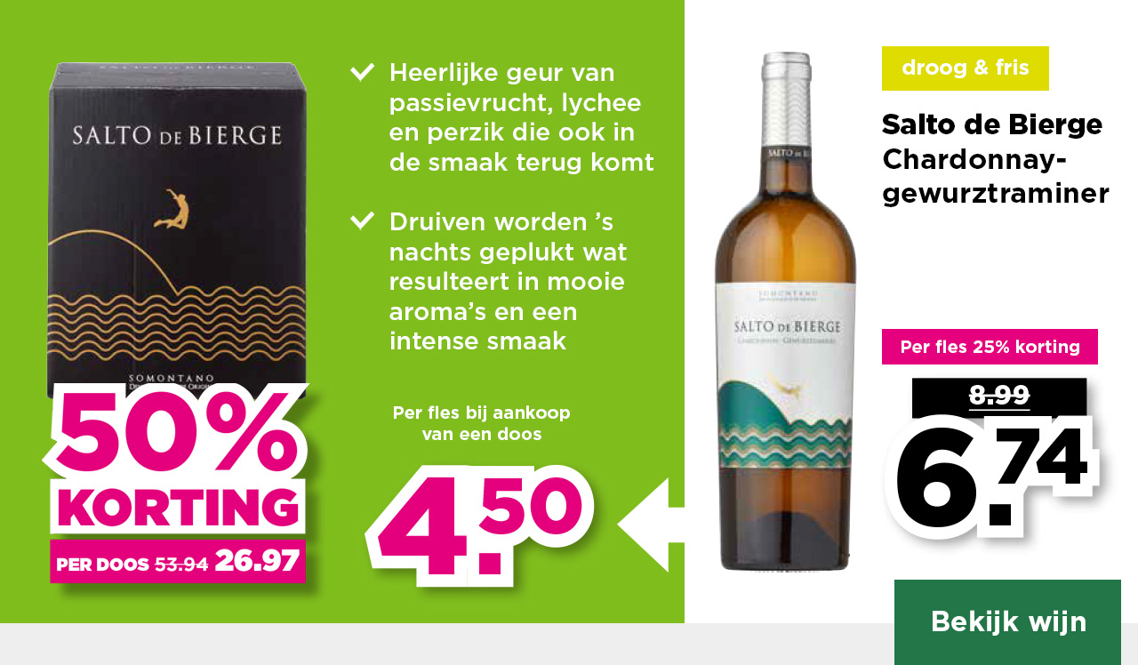 Salto de Bierge | Chardonnay-gewurztraminer | droog & fris | Per fles 25% korting | van 8.99 voor 6.74 | Per fles bij aankoop van een doos 4.50 | per doos 50% korting | van 53.94 voor 26.97 | Bekijk wijn