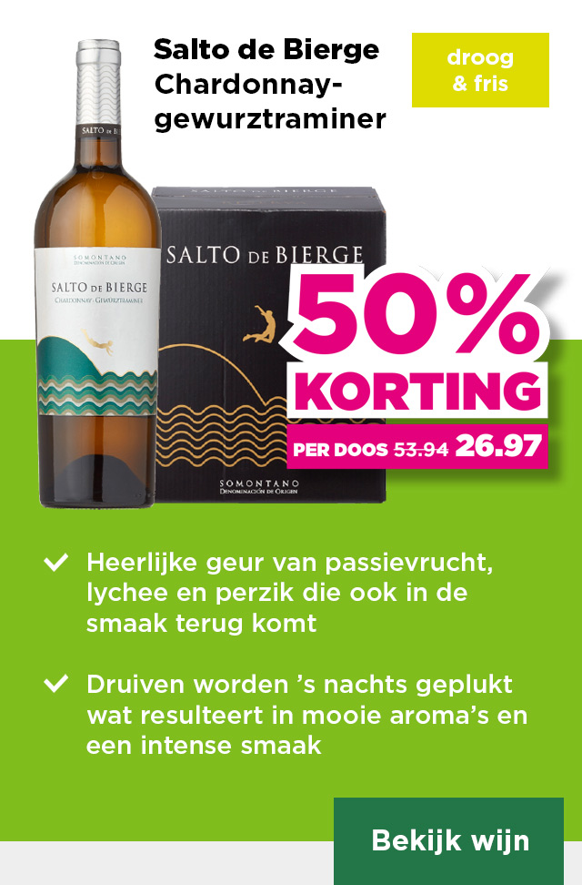 Salto de Bierge | Chardonnay-gewurztraminer | droog & fris | Per fles 25% korting | van 8.99 voor 6.74 | Per fles bij aankoop van een doos 4.50 | per doos 50% korting | van 53.94 voor 26.97 | Bekijk wijn