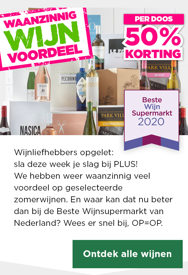 Waanzinnig Wijn Voordeel | PER DOOS 50% KORTING | Wijnliefhebbers opgelet: sla deze week je slag bij PLUS! We hebben weer waanzinnig veel voordeel op geselecteerde zomerwijnen. En waar kan dat nu beter dan bij de Beste Wijnsupermarkt van Nederland? Wees er snel bij, OP=OP. | Ontdek alle wijnen
