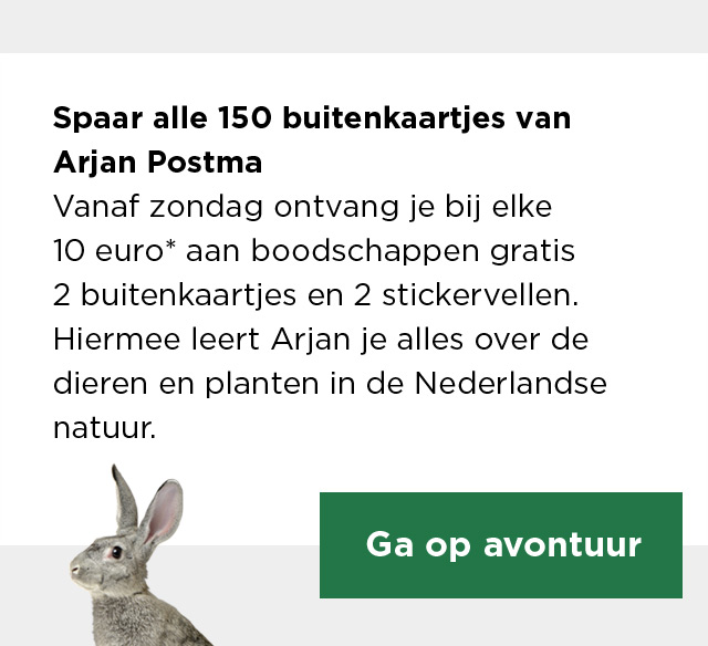 Spaar alle 150 buitenkaartjes van Arjan Postma | Vanaf zondag ontvang je bij elke 10 euro* aan boodschappen gratis 2 buitenkaartjes en 2 stickervellen. Hiermee leert Arjan je alles over de dieren en planten in de Nederlandse natuur. | Ga op avontuur
