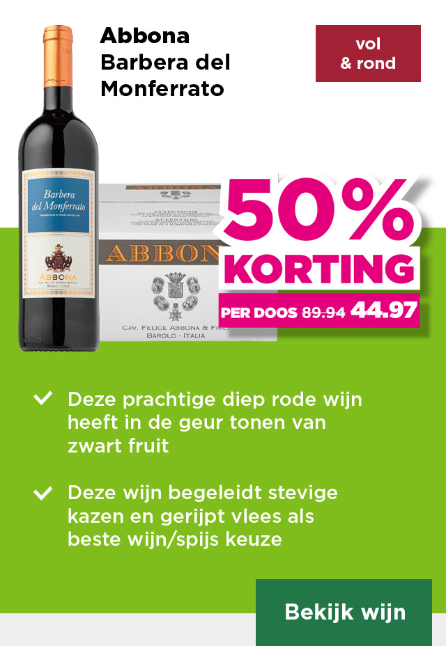 Abbona | Barbera del Monferrato | vol & rond | Per fles 25% korting | van 14.99 voor 11.24 | Per fles bij aankoop van een doos 7.50 | per doos 50% korting | van 89.94 voor 44.97 | Bekijk wijn