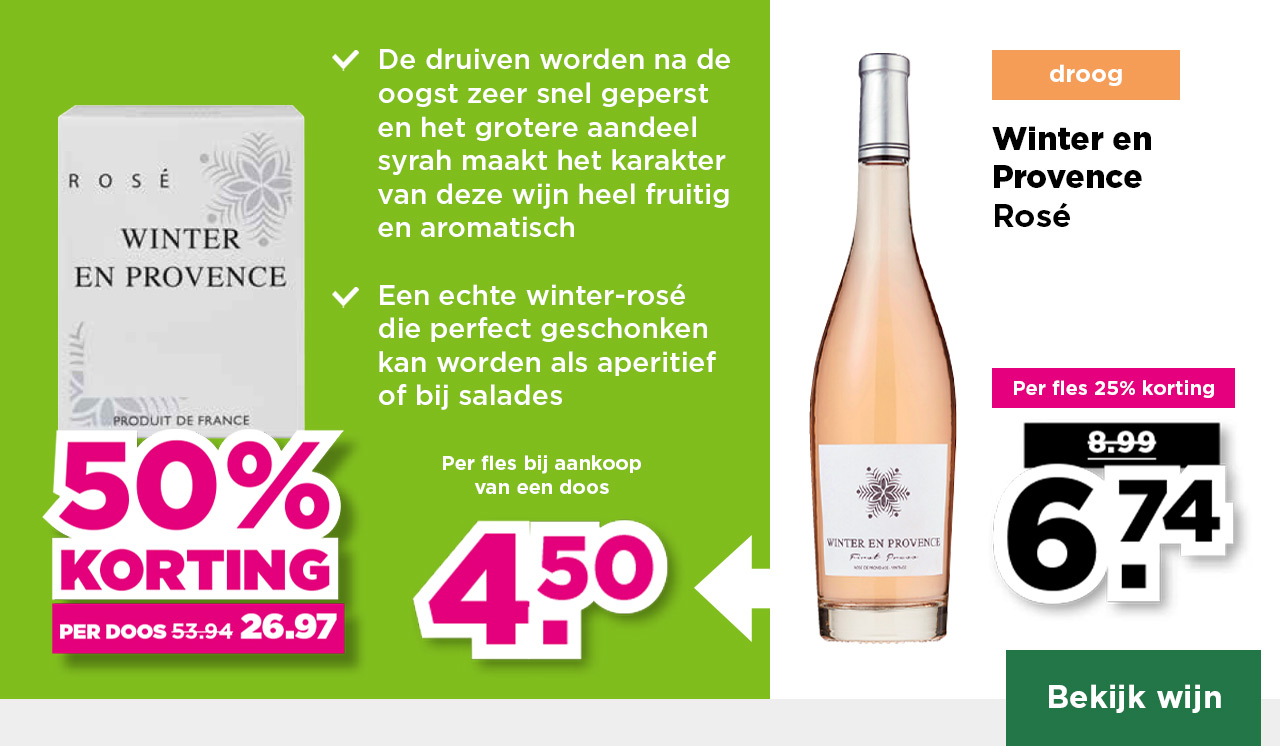 Winter en Provence | Rosé | droog | Per fles 25% korting | van 8.99 voor 6.74 | Per fles bij aankoop van een doos 4.50 | per doos 50% korting | van 53.94 voor 26.97 | Bekijk wijn