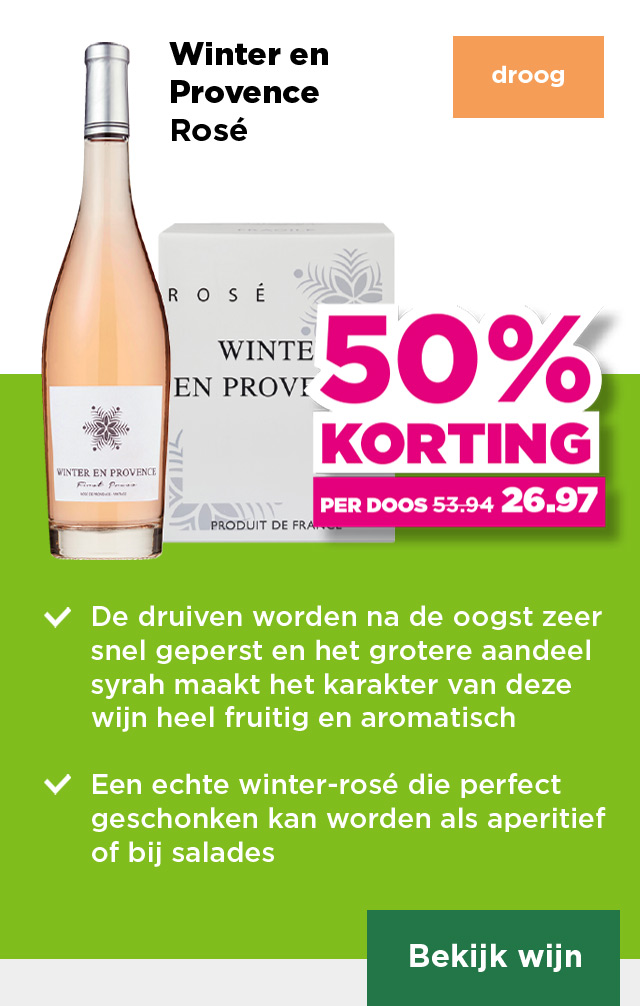 Winter en Provence | Rosé | droog | Per fles 25% korting | van 8.99 voor 6.74 | Per fles bij aankoop van een doos 4.50 | per doos 50% korting | van 53.94 voor 26.97 | Bekijk wijn
