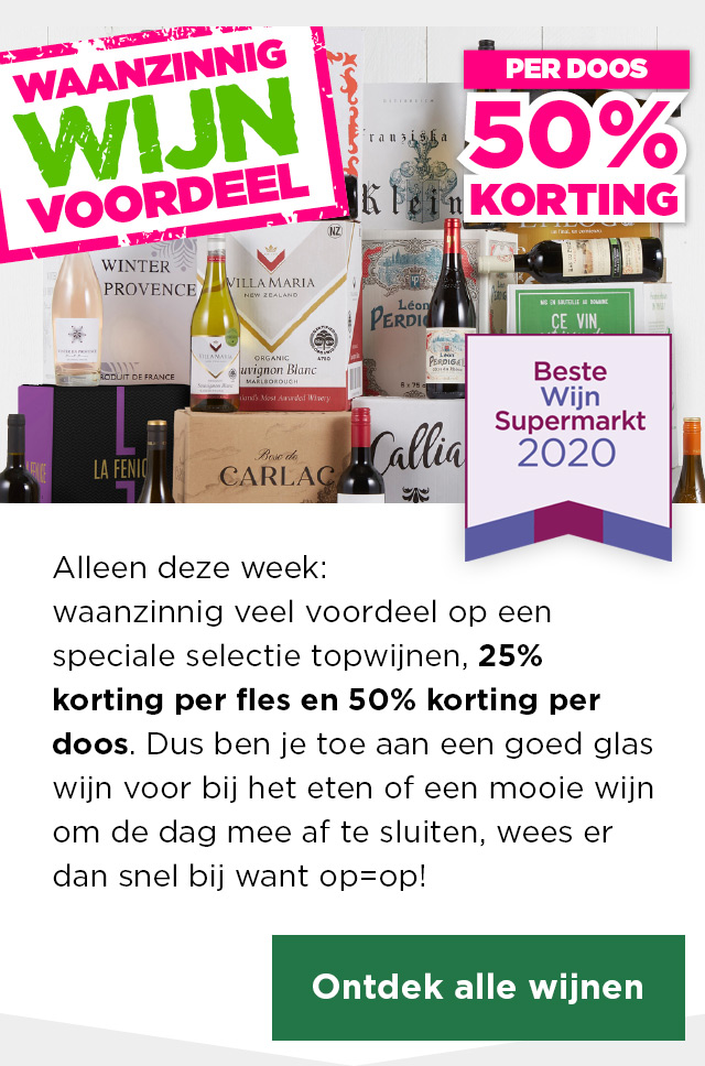 Waanzinnig Wijn Voordeel | PER DOOS 50% KORTING | Alleen deze week: waanzinnig veel voordeel op een speciale selectie topwijnen, 25% korting per fles en 50% korting per doos. Dus ben je toe aan een goed glas wijn voor bij het eten of een mooie wijn om de dag mee af te sluiten, wees er dan snel bij want op=op! | Ontdek alle wijnen