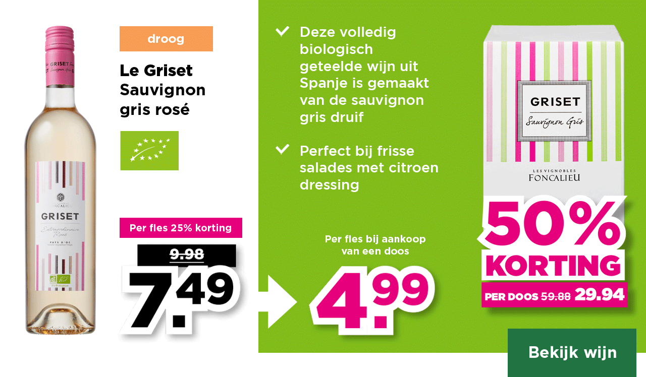 Le Griset | Sauvignon gris rosé | droog | Per fles 25% korting | van 9.98 voor 7.49 | Per fles bij aankoop van een doos 4.99 | per doos 50% korting | van 59.88 voor 29.94 | Bekijk wijn