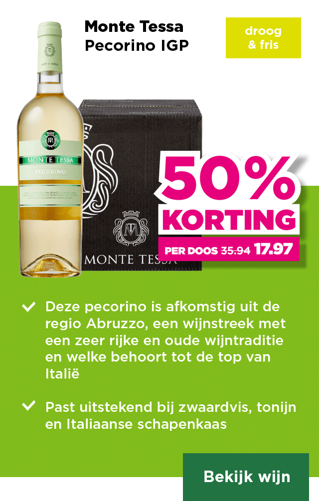 Monte Tessa | Pecorino IGP | droog & fris | Per fles 25% korting | van 5.99 voor 4.49 | Per fles bij aankoop van een doos 3.00 | per doos 50% korting | van 35.94 voor 17.97 | Bekijk wijn