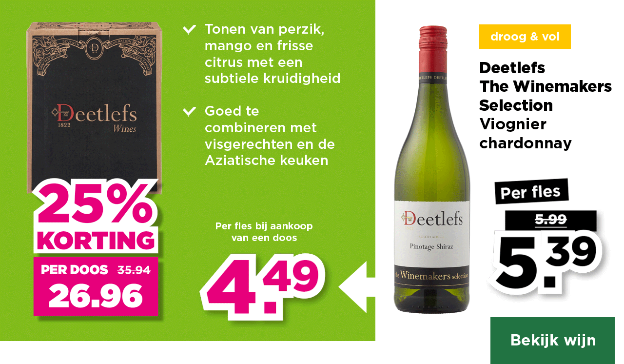 Deetlefs The Winemakers Selection | Viognier chardonnay | droog & vol | Per fles van 5.99 voor 5.39 | Per fles bij aankoop van een doos 4.49 | per doos van 35.94 voor 26.96 | Bekijk wijn