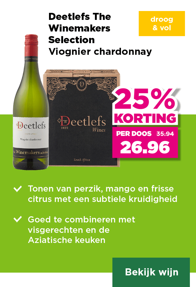 Deetlefs The Winemakers Selection | Viognier chardonnay | droog & vol | Per fles van 5.99 voor 5.39 | Per fles bij aankoop van een doos 4.49 | per doos van 35.94 voor 26.96 | Bekijk wijn