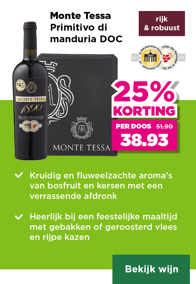 Monte Tessa | Primitivo di manduria DOC | rijk & robuust | Per fles van 8.65 voor 7.79 | Per fles bij aankoop van een doos 6.49 | per doos van 51.90 voor 38.93 | Bekijk wijn
