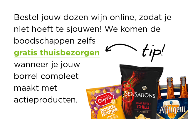 Bestel jouw dozen wijn online, zodat je niet hoeft te sjouwen! We komen de boodschappen zelfs gratis thuisbezorgen wanneer je jouw borrel compleet maakt met actieproducten.