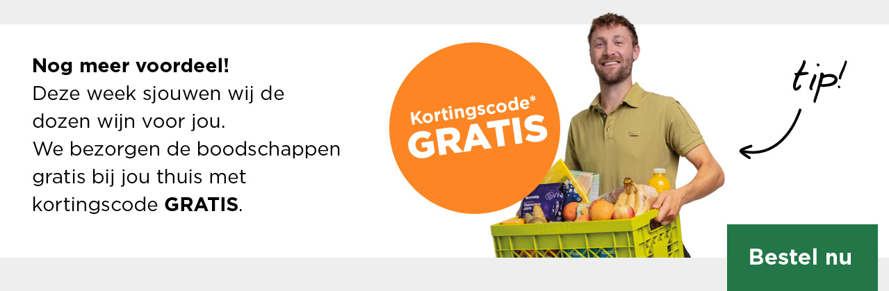 Nog meer voordeel! Deze week sjouwen wij de dozen wijn voor jou. We bezorgen de boodschappen gratis bij jou thuis met kortingscode GRATIS. | Bestel nu