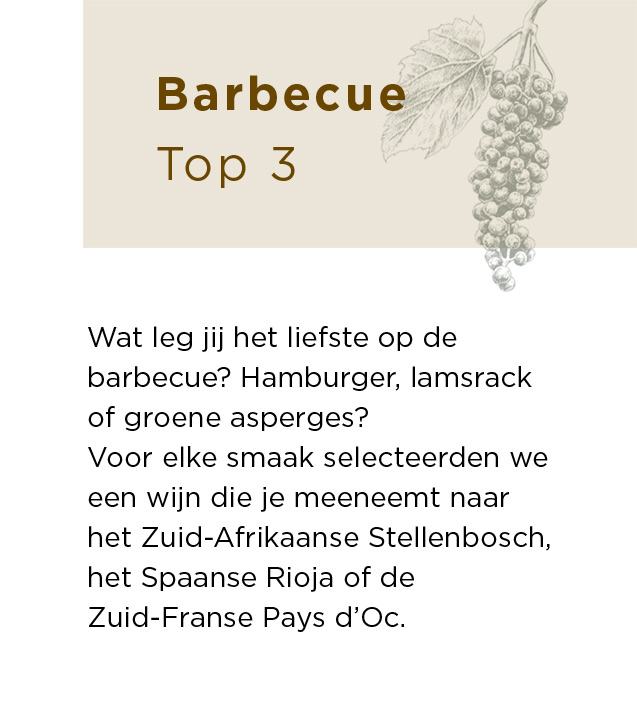 Barbecue Top 3 | Wat leg jij het liefste op de barbecue? Hamburger, lamsrack of groene asperges? Voor elke smaak selecteerden we een wijn die je meeneemt naar het Zuid-Afrikaanse Stellenbosch, het Spaanse Rioja of de Zuid-Franse Pays d'Oc.