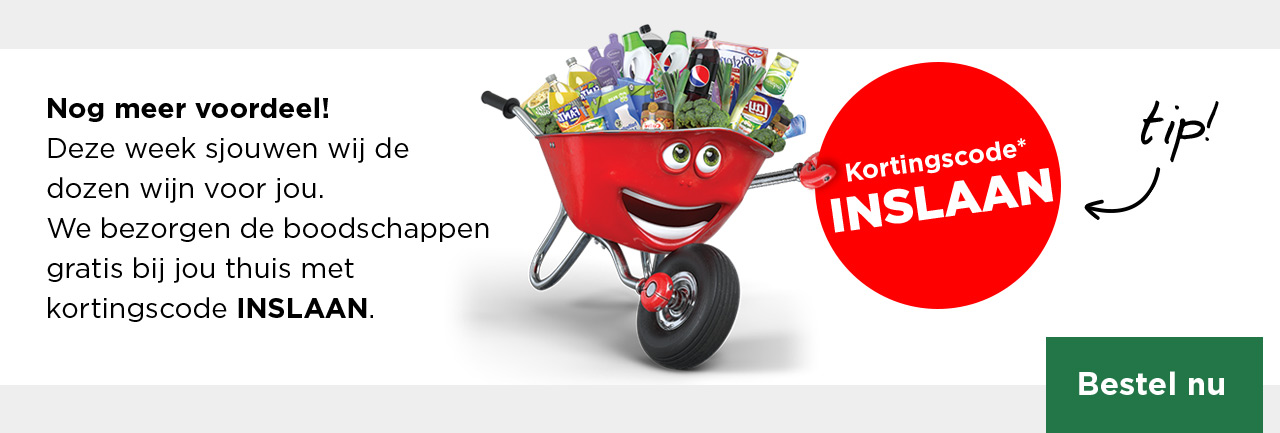 Nog meer voordeel! Deze week sjouwen wij de dozen wijn voor jou. We bezorgen de boodschappen gratis bij jou thuis met kortingscode INSLAAN. | Bestel nu