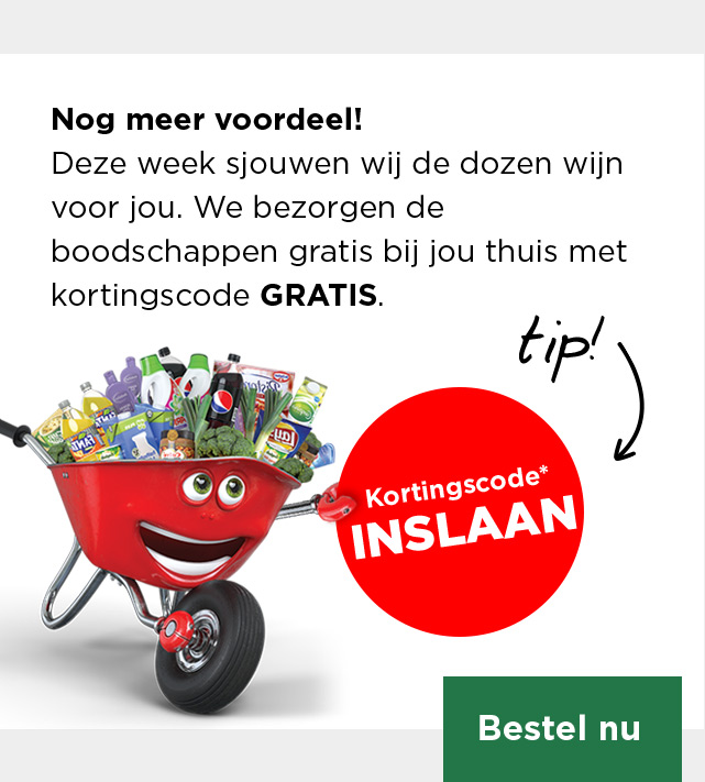 Nog meer voordeel! Deze week sjouwen wij de dozen wijn voor jou. We bezorgen de boodschappen gratis bij jou thuis met kortingscode INSLAAN. | Bestel nu