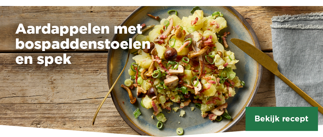 Aardappelen met bospaddenstoelen en spek | Bekijk recept