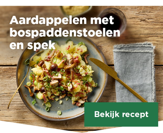 Aardappelen met bospaddenstoelen en spek | Bekijk recept