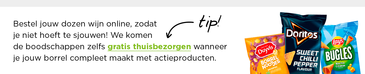 Bestel jouw dozen wijn online, zodat je niet hoeft te sjouwen! We komen de boodschappen zelfs gratis thuisbezorgen wanneer je jouw borrel compleet maak met actieproducten.