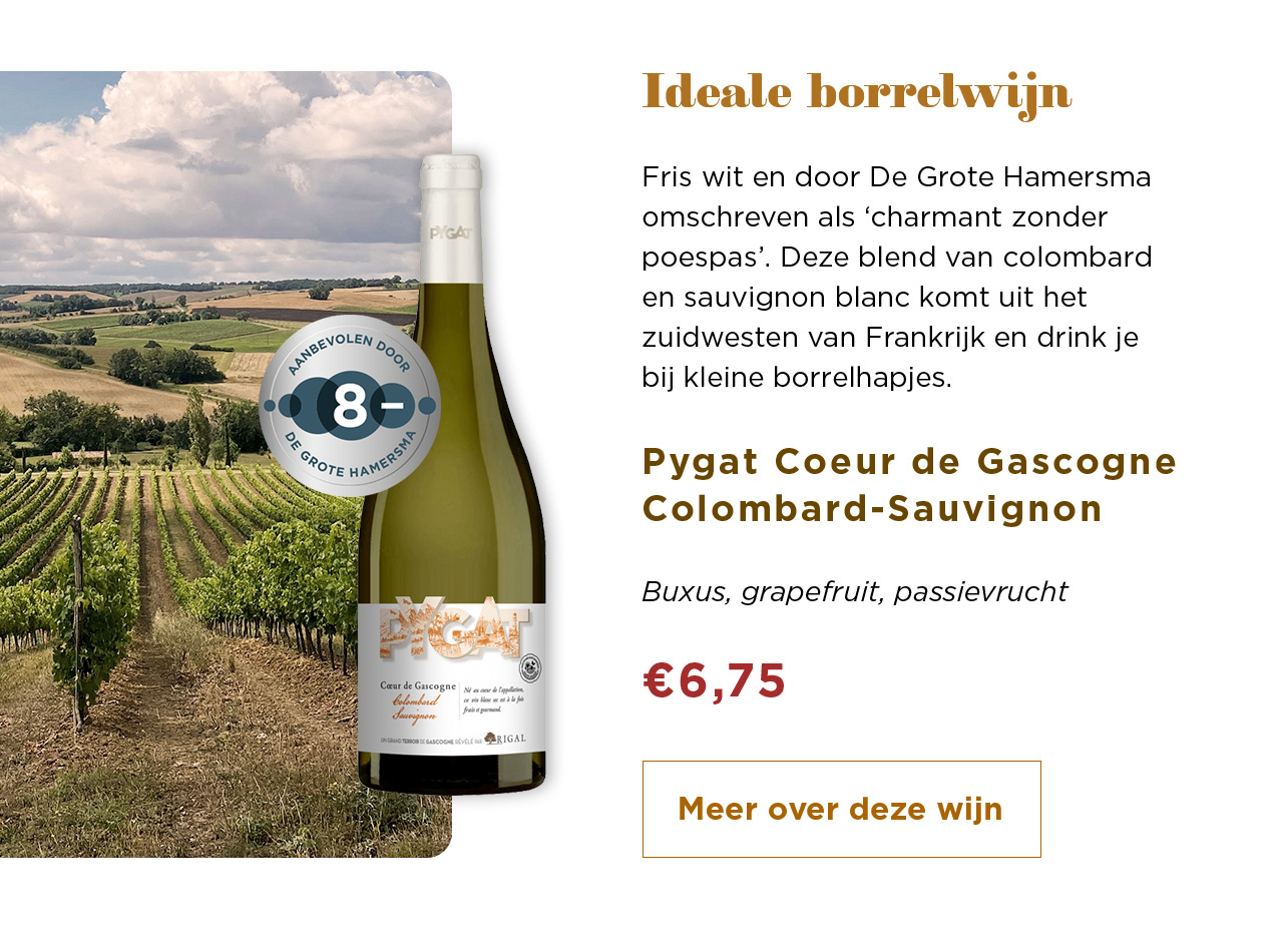 Ideale borrelwijn | Pygat Coeur de Gascogne Colombard-Sauvignon voor € 6,75 | Meer over deze wijn