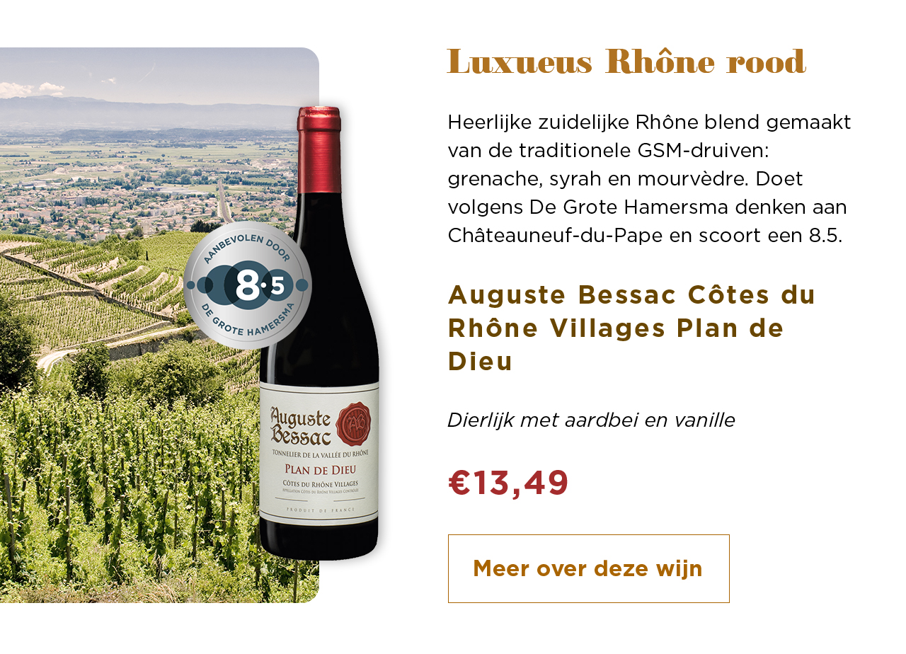 Luxueus Rhône rood | Auguste Bessac Côtes du Rhône Villages Plan de Dieu voor € 13,49 | Meer over deze wijn